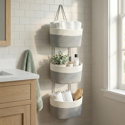 Hanging Basket, Over Door Organizer, 3 -Tier Wall Basket with Hooks