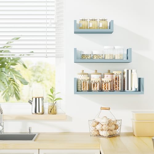 SRIWATANA Blue Floating Shelves, Set of 3 Wood Wall Mounted Display Shelf