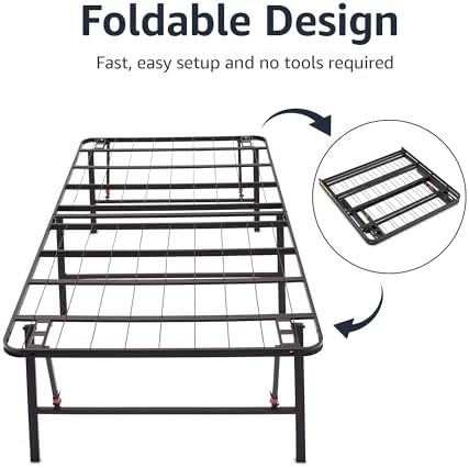 Amazon Basics Foldable Metal Platform Bed Frame with Storage, Sturdy Steel, No Box Spring Needed, 18 Inches High, Tool-Free Easy Assembly, Noise-Free, Queen Size, Black