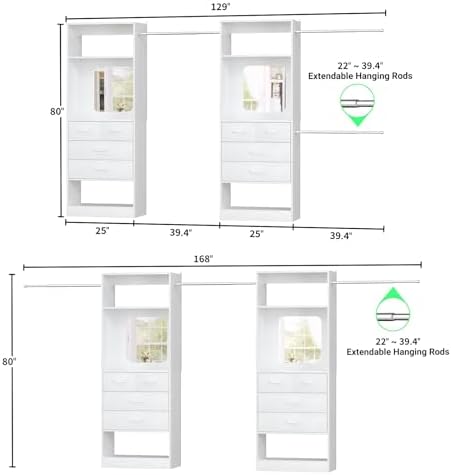 Unikito 6-14FT Walk in Closet Systems with 8 Drawers and Mirror, White