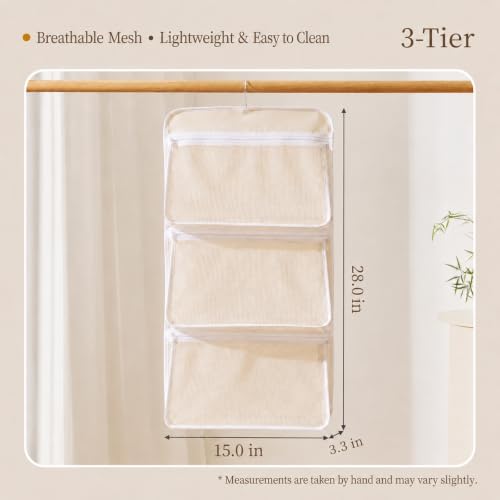 Hanging Closet Organizer with 3 Mesh Pockets and Hooks, Large Capacity Underwear, Sock and Shoe Storage Bag for Closet, Door, Shelf, Dorm Room and Home - 3 Pockets