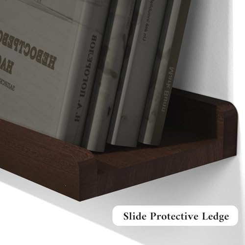 Love-KANKEI 17" Floating Wall Shelves with Lip,Solid Wood,Set of 2,Walnut | Protective Ledge,18 Lbs/shelf,Easy to Install,For Bedroom Living Room Bathroom Kitchen Office,Nursery Display,Wall Decor