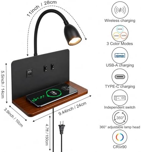 Bedside Wall Sconce with Wireless Charging Station & USB Charging, 3 Adjustable Color Temperatures LED Reading Light, 3000K Warm Ambient lighting Wall Mounted Sconce for Bedroom, Plug-in or Hardwired