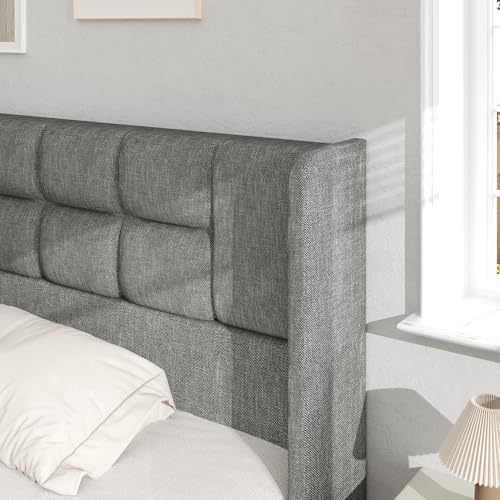King Bed Frame with Hydraulic Gas Lift Up Storage, Linen Upholstered