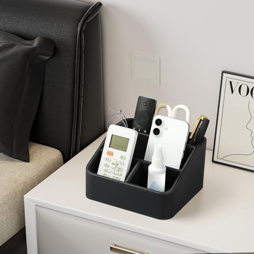 PU Leather Remote Control Holder, Nightstand Organizer with 4 Compartments