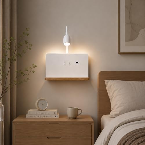 White Bedside Wall Sconce with Wireless Charging Station, USB-C & USB-A Ports, Plug in Wall Light with Shelf, Gooseneck 3Color LED Reading light & 3000K Backlight Plug-in or Hardwired for Bedroom,Dorm