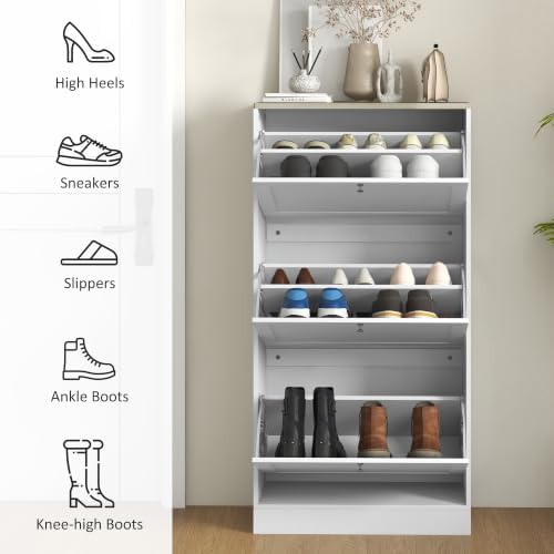 HOMCOM Shoe Storage Cabinet with 3 Flip Drawers, Adjustable Shelves, White