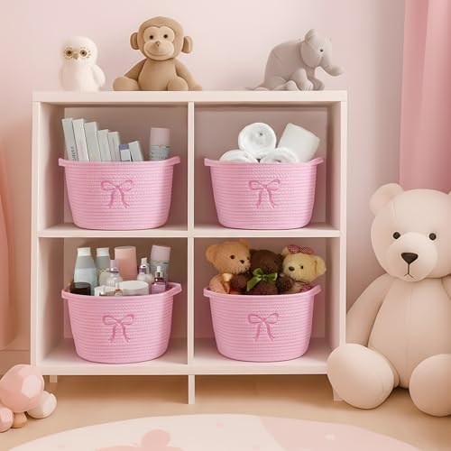Vesici 3 Pcs Pink Bow Small Storage Baskets Coquette Bow Woven Cotton Rope