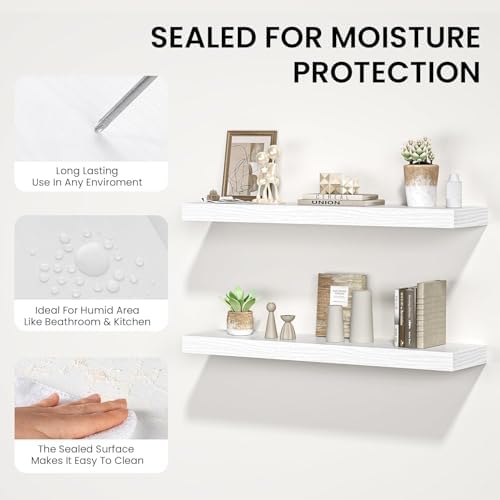 Floating Shelves for Wall, 72"W x 9.3"D x 1.5"H, Long Wooden Wall Mounted Display Shelves with Invisible Brackets for Living Room, Bedroom, Bathroom, Kitchen Decor and Storage, Set of 2, White