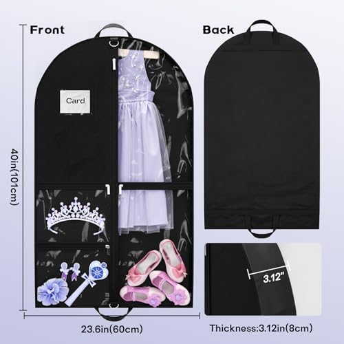 Dance Garment Bags with 3 Clear Zipper Pockets, Cheer Garment Bags for Cheerleading Uniform, 40" Garment Bags for Hanging Clothes, Suits, Travel & Sports Jersey, Cheer Uniform (Black, 1Pack 40")