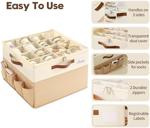 Varhomax Shoe Organizer Box 2 Pack for Closet, Fabric Shoe Storage Bin with Adjustable Dividers & Clear Cover, Holds up 16-32 Pairs of Sneakers & Sandals for Entryway, Cubby