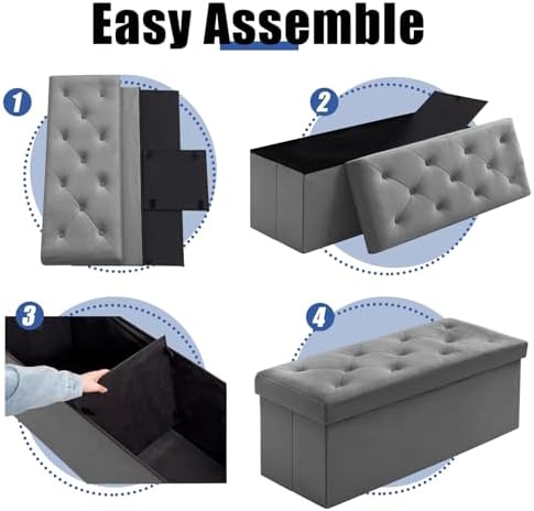 BRIAN & DANY 43 Inches Folding Storage Ottoman Bench, Velvet Ottoman with Storage for Living Room, Bedroom, Entryway, Ottoman Foot Rest, End of Bed Bench (Gray)