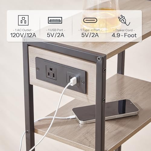HOOBRO 15.7" Narrow Console Table with Charging Station, 3 Tier Entryway Table for Small Space, Behind Couch Table, Sofa Table, for Entryway, Hallway, Living Room, Greige and Black BG42UXG01