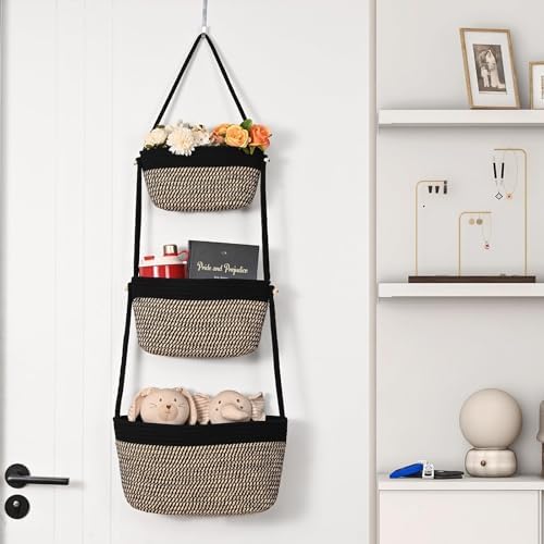 Hanging Basket, 3-Tier Woven Wall Basket with 4 Hooks, Cotton Rope Storage Baskets, Over the Door Organizer for Nursery, Bedroom, Cottage and Boho Wall Decor