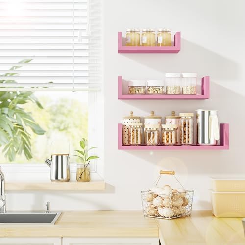 SRIWATANA Pink Floating Shelves, Set of 3 Solid Wood Wall Mounted Shelves