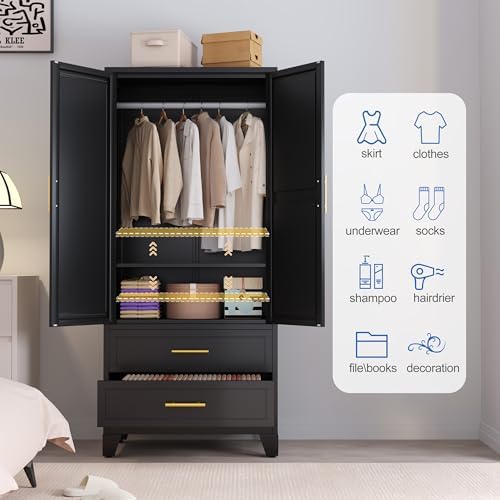 GAIOUS Steel Armoire Wardrobe Closet with Mirror and 2 Drawers 71" Black