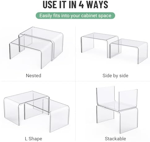 Bobomoment Clear Cabinet Organizer, Stackable Shelf Organizer Set of 4 | Kitchen Pantry Organizers and Storage, Display Cabinet Shelf Countertop Desk Shelves, Patented Spice Organization