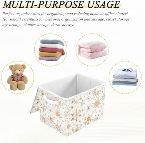 senya Christmas Baskets Collapsible Storage Bins with Lids, Seamless Gold White Snowflakes Storage Boxes Clothes Baskets for Organizing