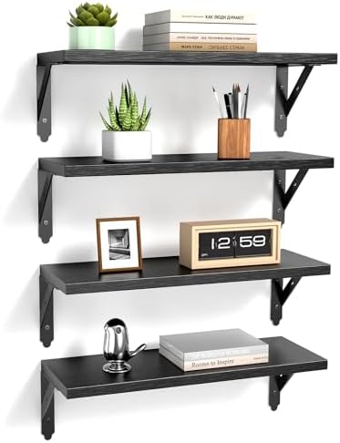 ROMGUAR CRAFT Wood Floating Shelves Set of 4, Rustic Storage Decor Wall Shelves, Wall Mounted Shelf for Living Room, Bedroom 17" x 6", Black