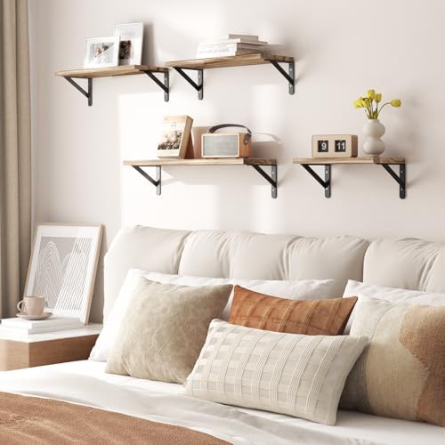 YGEOMER 4 Different Sizes Floating Shelves for Wall Decor, Light Brown | Rustic wood shelves in mixed sizes for flexible combined storage. Fits bathroom, kitchen, living room, bedroom and office.