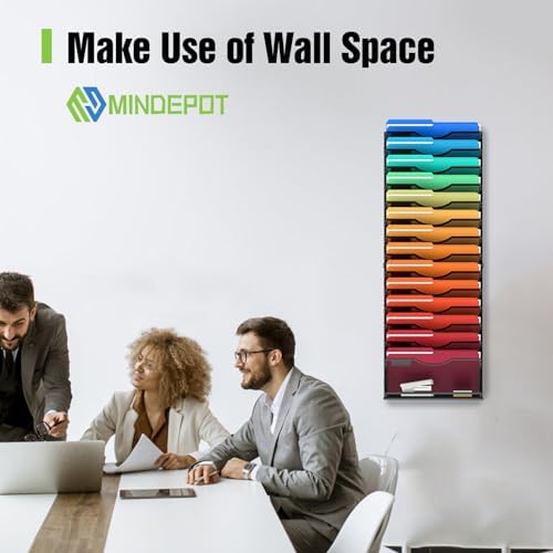 MINDEPOT 15 Tier Wall File Holder Hanging Wall Mount Paper File Organizer for Mails Folders Document Magazine Organization, for Office School Home, Black