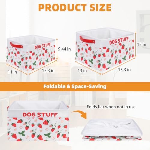 KOOLTAIL Dog Toy Basket, Collapsible Dog Toy Bin Box with Drawstring Cinch Top &Handles, Pet Food Storage Organizer for Dog Toys, Apparel, Blankets and Leashes, Pink Strawberry, M, 15.3"x11"x9.5"