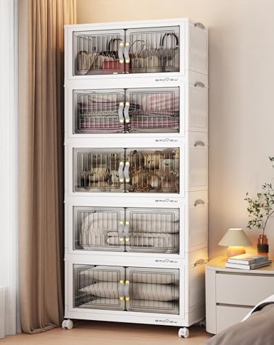 BROVIEW 300Qt Stackable Storage Bins with Lid & Wheels, Plastic Collapsible Closet Organizers and Storage Drawers for Clothes | Foldable Storage Cabinet Container for Dorm Kitchen 5Pack White