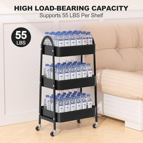 EAGMAK 3 Tier Rolling Cart, Large Metal Storage Cart with Handle and Lockable Wheels, Big Multifunctional Storage Organizer Trolley with Mesh Baskets for Kitchen, Living Room, Office, Garage (Black)