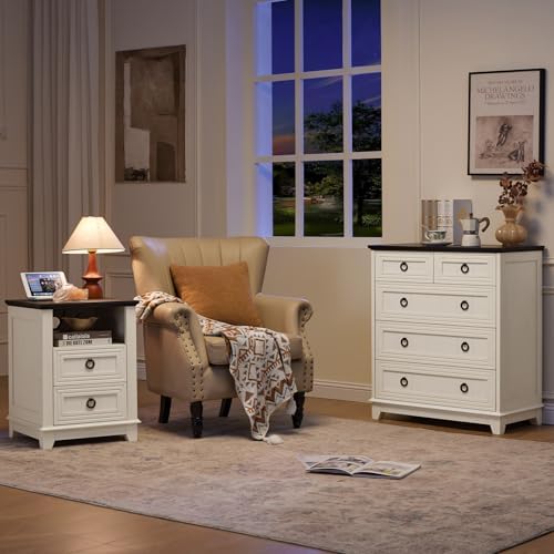 Joaxswe Farmhouse 5 Drawer Dresser for Bedroom, 33.2" Tall Chest of Drawers | Rustic Wood Dresser with Metal Handle, Storage Organizer Closet for Living Room, Hallway, Entryway, White