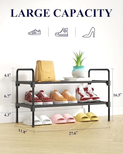 Kitsure Shoe Rack for Closet, Shoe Storage, 27.6" Wide - 2 Tiers, Black