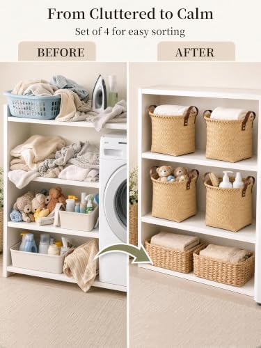 Wicker Storage Baskets, 4 Pack Woven Baskets for Shelves, Yellow