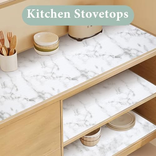 Drawer and Shelf Liner for Kitchen Cabinet: 12 in X 30 Ft Non Slip Waterproof Shelf Paper Non Adhesive Refrigerator Liners White Marble Easy Liners for Bathroom Cupboard with Knife Tape Measure