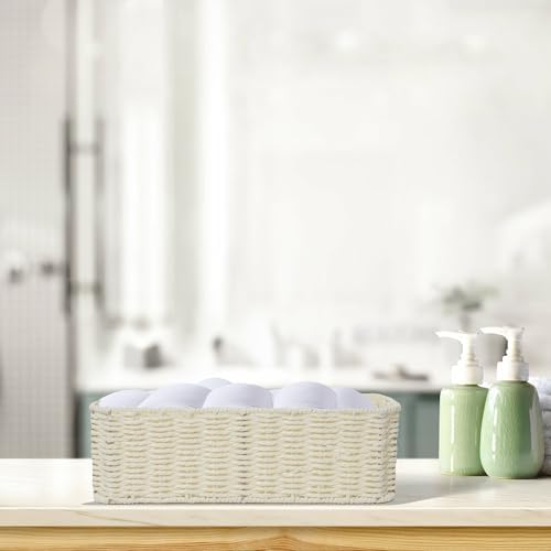 Rectangular Woven Paper Rope Storage Baskets for Shelves(White)