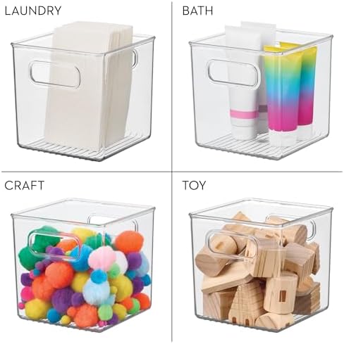 iDesign Storage Bin with Handles, Cube Organizer, Set of 4, Clear | For Pantry, Made in USA