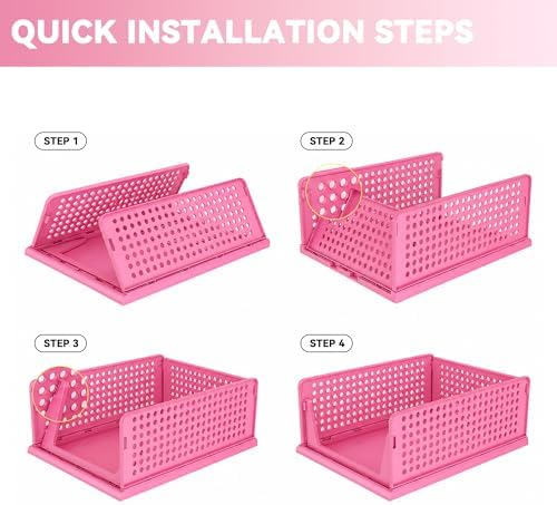 Pink Girl Closet Organizers and Storage Stackable Plastic Drawer Basket for Clothing Stackable Storage Bins Shelf Storage Container for RV Closet Wardrobe Bedroom Bathroom Playroom 6 Pack