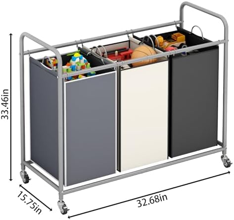 LINZINAR 3 Bags Laundry Hamper Assorted Laundry Basket 135L Laundry Sorter | Laundry Room Organization with Heavy Duty Rolling Lockable Wheels and Removable Bag, Bedroom Laundry Cart for Clothes Storage