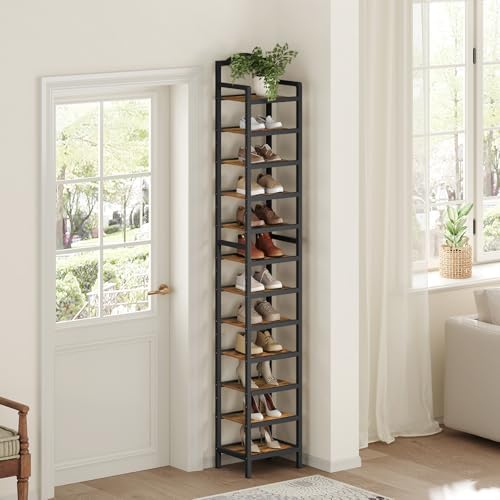 YATINEY 12-Tier Tall Shoe Rack, Vertical Shoe Organizer for Small Spaces, Wooden Shoe Shelf for Entryway, Space Saving Shoe Storage, Holds 12 Pairs of Shoes, Rustic Brown and Black SS52BR