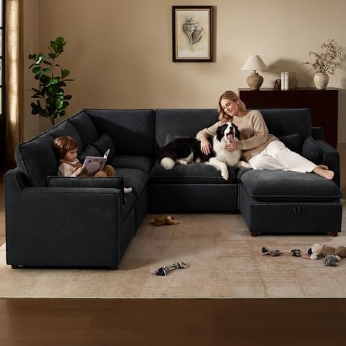 WorthFurni Modern Modular Sectional Sofa,105" V Shape Sectional Cloud Couch with Storage Ottoman,Comfty 6 Seat Sofa for Living Room,Black Chenille