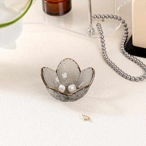 Grey Flower Jewelry Dish Glass Ring Dish Jewelry Tray Cute Vanity Organizer Room Decor Aesthetic Nightstand Bathroom Decor Trinket Dish Ring Holder Dish House Warming Gifts Stocking Stuffers for Women