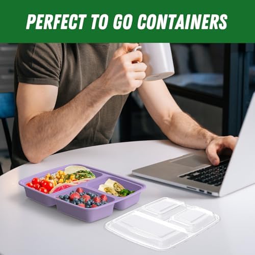 Dealusy 50 Pack 32 oz Meal Prep Containers with Lids 3-Compartment, Lilac