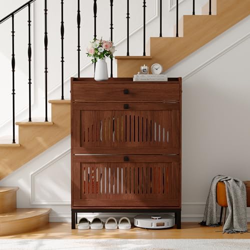 IDEALHOUSE Shoe Cabinet with 2 Flip Drawers and 1 Top Drawer, Walnut
