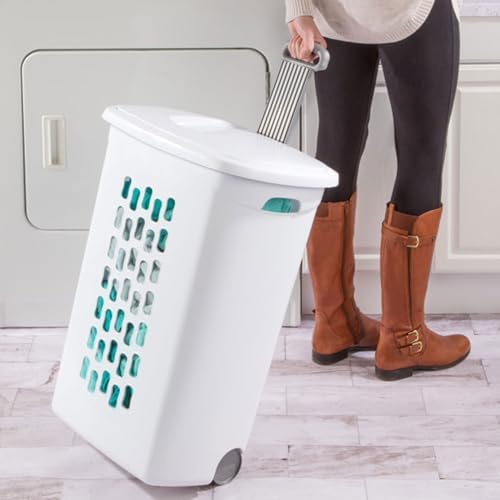 Sterilite Ultra Wheeled Hamper, Laundry Basket w/Flip-Top Lid, 18-Pack | Plastic Rolling Clothes Storage Cart with Retractable Handle & Ventilated Holes for Home, Apartment or Dorm