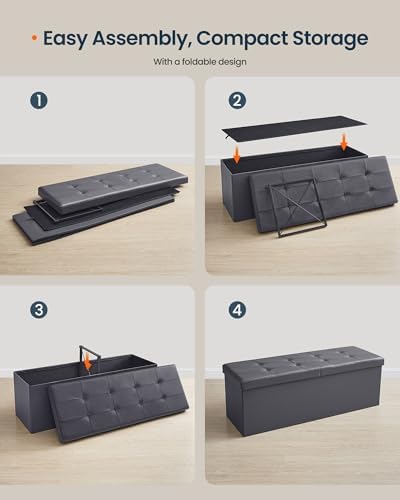 SONGMICS HOME Foldable Foot Rest Stool, Storage Ottoman, Tufted Design, PU Leather, for Entryway, Living Room, 43.2 Inches, Dark Gray