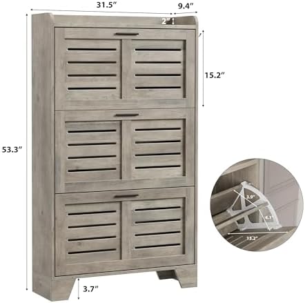 IDEALHOSUE Shoe Cabinet Storage for Entryway, Slim Shoe Storage Cabinet with 3 Flip Drawers, Freestanding Hidden Narrow Shoe Organizer Cabinet with Hooks for Entrance, Foyer, Hallway, Gray