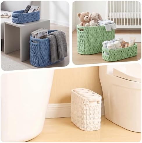 Boho Toilet Paper Storage Baskets, Cotton Rope Woven Bathroom Basket Set of 2, Standing Toilet Paper Holder for 6 Mega Rolls,Storage Bins for Toilet Tank Top, Bathroom Organizer Decor (Green 2 Pack)