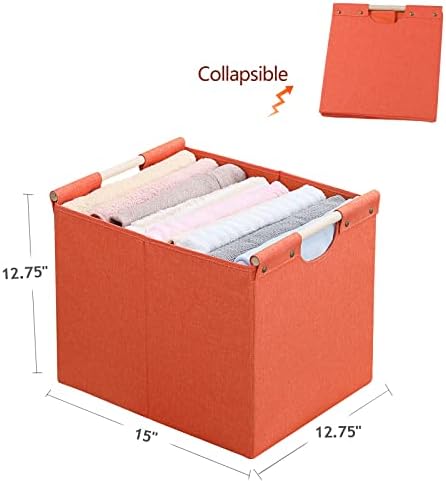 HOONEX Large Collapsible Storage Bins, Linen Fabric, Pack of 2, Storage Baskets with Wooden Carry Handles and Sturdy Heavy Cardboard, for Home, Office, Car, Nursery, Orange