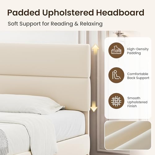 GRUSIGN Full Size Platform Bed Frame with Velvet Headboard, Adjustable Height Wooden Slats Support, Upholstered Mattress Foundation, Fits Mattress or Mattress with Box Spring, Easy Assembly, Beige