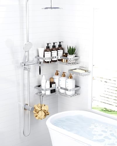 Sakugi Corner Shower Caddy, Large, 2-Pack, Soap Holder & Hooks, Silver | Bathroom, Kitchen, Laundry Room, Organizers and Storage, Rustproof Metal, Wall Mounted, Shower Organizer, Shower Shelves