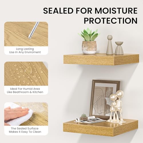 FLYJOE Square Floating Shelves for Wall, 7.5" W x 7.5" D x 1.4" H, Small Wooden Wall Mounted Display Shelf with Invisible Brackets for Living Room, Bathroom, Kitchen Decor, Set of 4, Oak