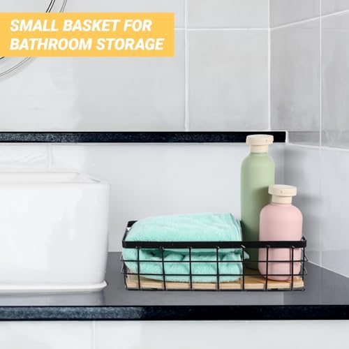 Xthrotsenk Metal Wire Storage Basket Farmhouse Small Basket Bin with Wooden Bottom Farmhouse Decor, Containers Organizing Baskets Caddy Bin for Kitchen Bathroom Pantry Laundry, 10*4.1*3inch